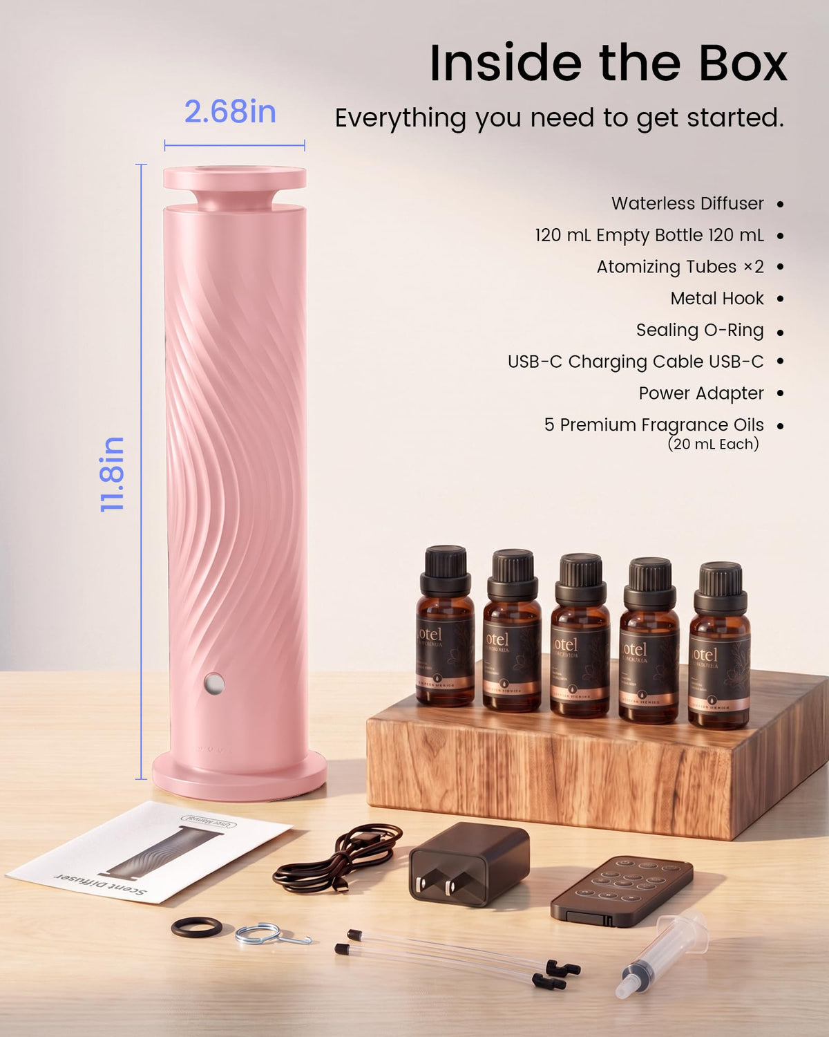 Waterless Essential Oil Diffuser for Home, Starter Kit with 5 Oils