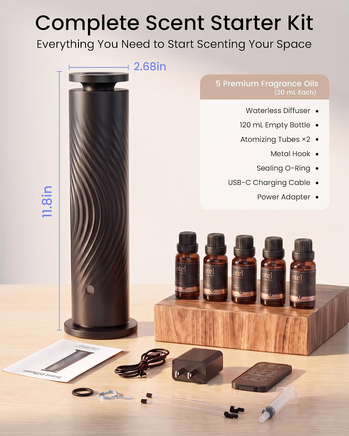 Waterless Essential Oil Diffuser for Home, Starter Kit with 5 Oils