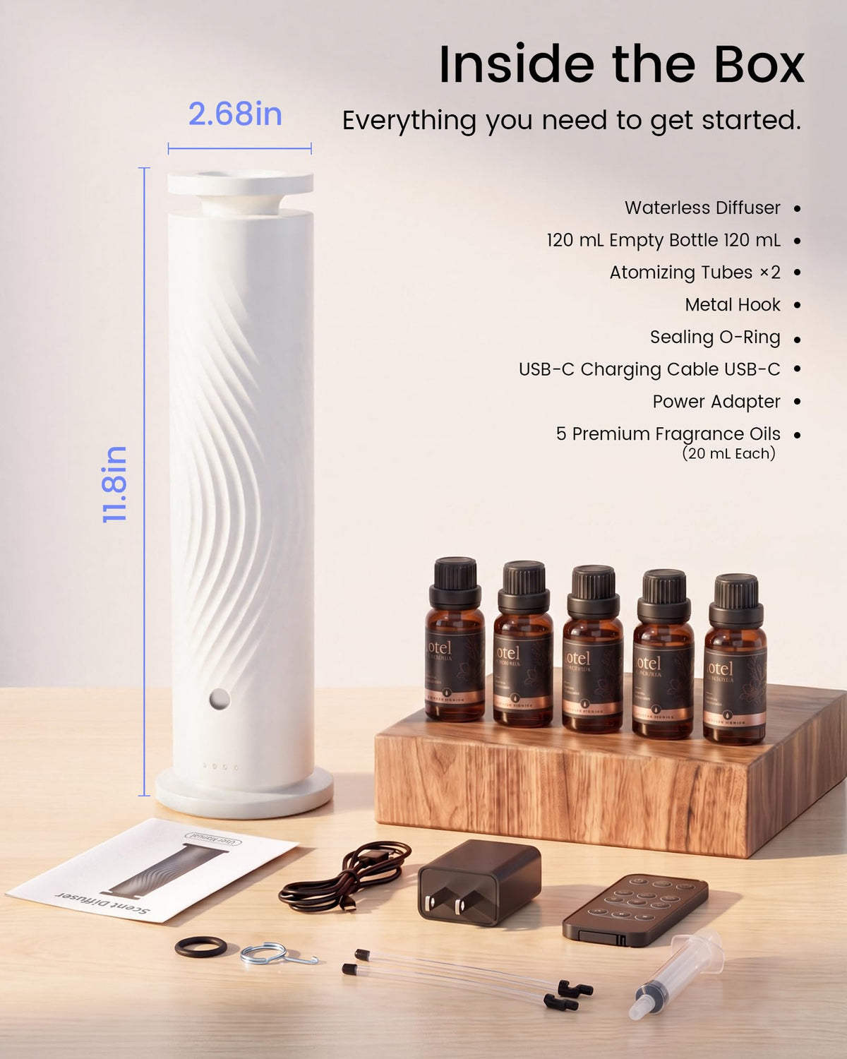 Waterless Essential Oil Diffuser for Home, Starter Kit with 5 Oils